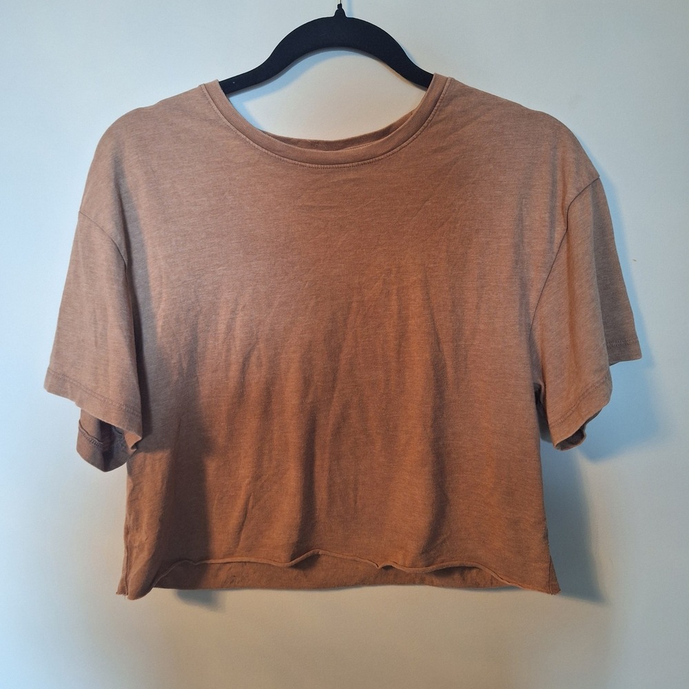 Wild Fable Womens Tan Brown Short Sleeve Raw Hem Boxy Crop Top T-Shirt Size XS